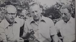 FULL SIZE PIC AVAILABLE Harry Newton (c) re-lives the action in which he was shot down on 18th August 1940 with his opponents Guenther Unger (l) and Franz Bergmann, photo CREDIT The Hardest Day by Alfred Price.jpg